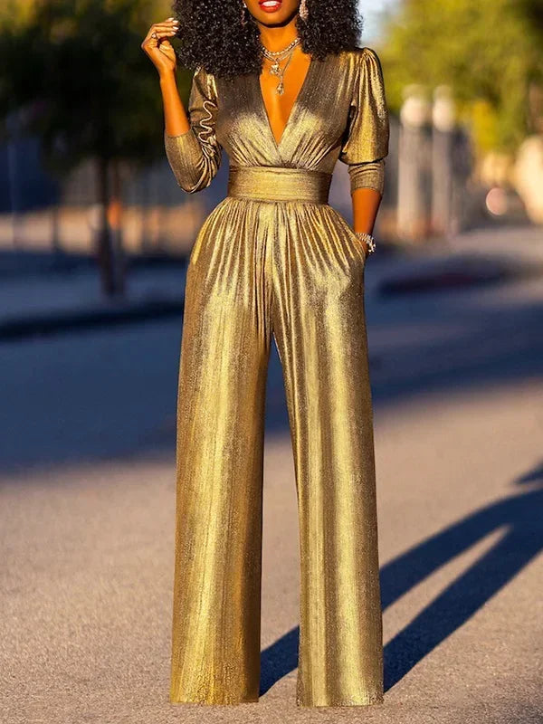 Uoozee Female Fashion Sexy Deep V-neck High Waisted Wide Leg Jumpsuits 2025 New Long Sleeves Solid Color Loose Party Outfits BAZAARHUBO
