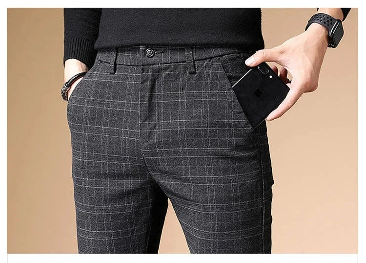 Fashion Black Grey Casual Trouses Mens Straight Fit Long Pants Striped Plaid Four Seasons High Quality Brand Business Trousers