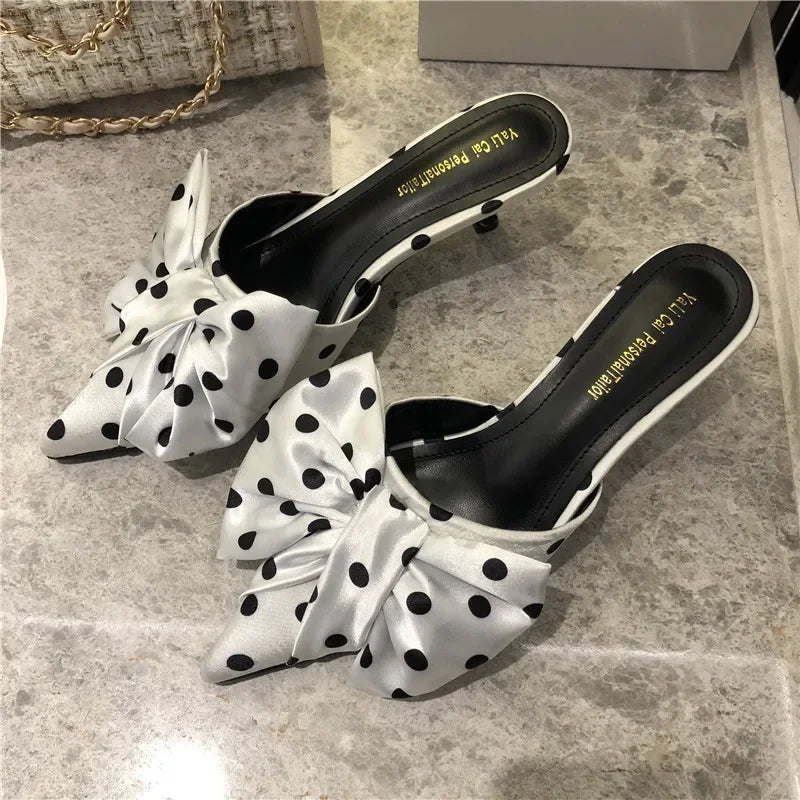 2024 Spring Pointed Toe Stiletto Heel Kitten Heels Bow Heel-Free Slippers for Women