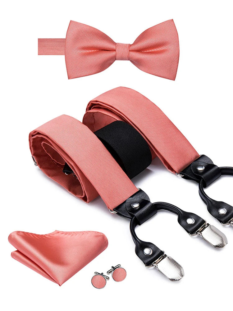 Hi-Tie Silk Adult Men's suspenders Set Leather Metal 6 Clips Braces Gold Brown Floral Vintage Men Fashion Wedding Suspenders Men BAZAARHUBO
