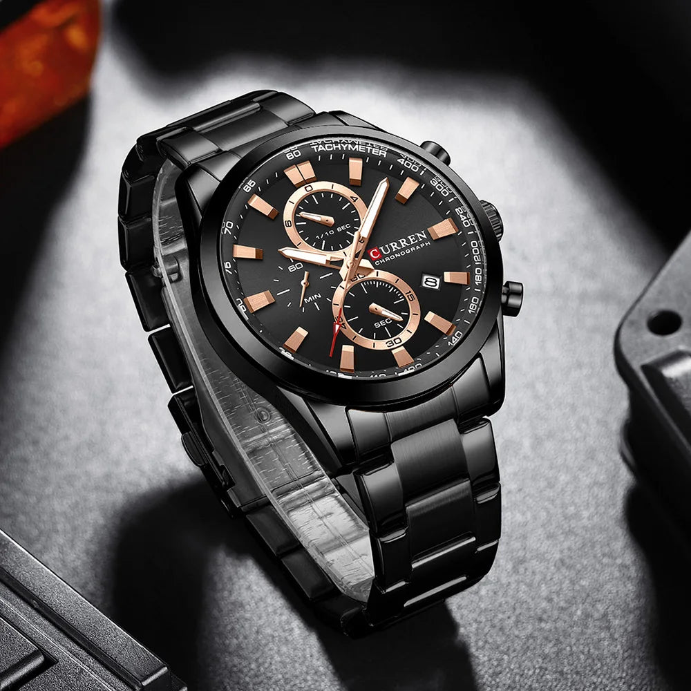CURREN  New Sports Multifunction Stainless Steel Band Watches Fashion Brand Quartz Men's Wristwatches with Date
