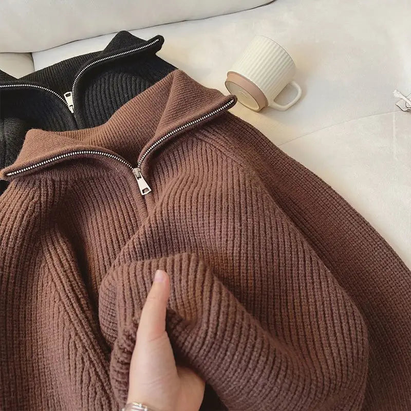 2024 Autumn New Korean Style Versatile Basics Half-zipper Loose Lapel Winter Long-sleeved Lazy Sweater Pullover Top
