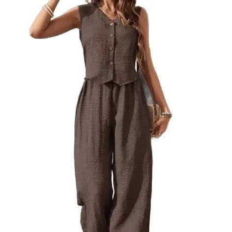 Casual Cotton Linen V-neck Single Breasted Sleeveless Vest +wide Leg Pants Women's Fashionable Comfortable Daily Commuting Set