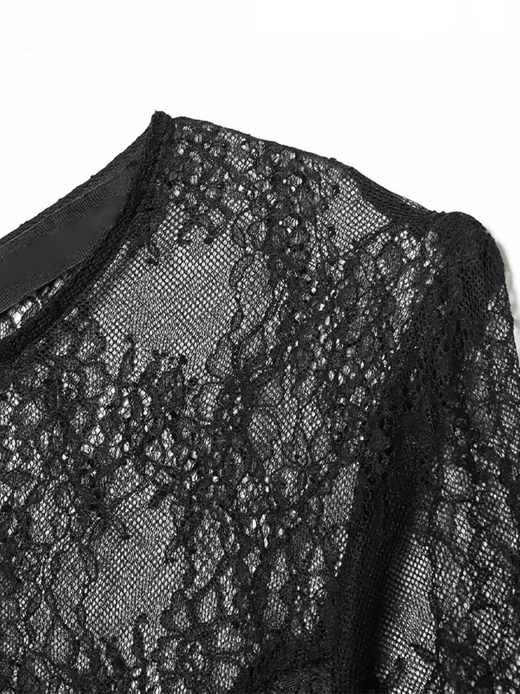 Lace Patchwork Long Evening Dress With Sheer Sleeves For Women Clubwear