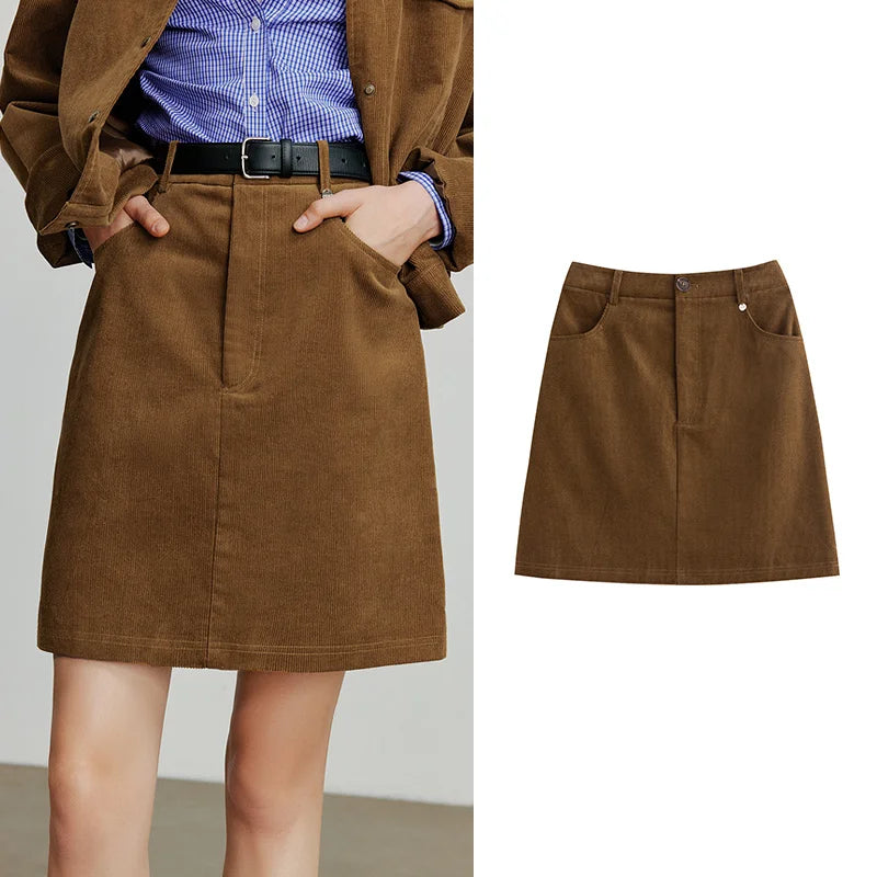 TOYOUTH Women Midi Skirt 2025 Autumn New Retro Corduroy Elastic Waist Pure Cotton A Line Mini Skirt