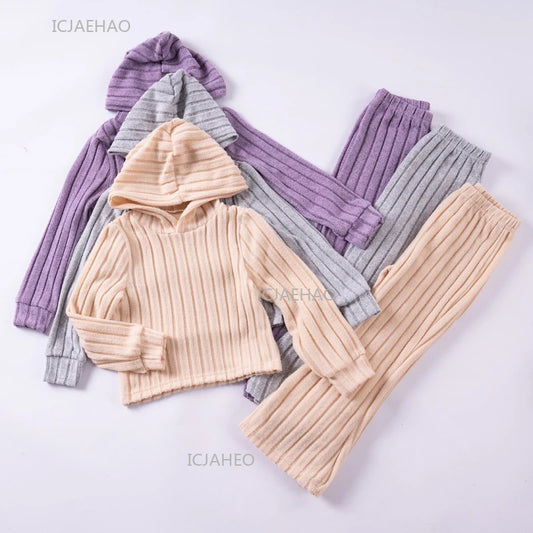 Girls Children Outfit Set Hooded Knit Sweater Long Sleeve Solid Pants Casual Clothing for Kids Toddler Daily Wear Autumn Spring