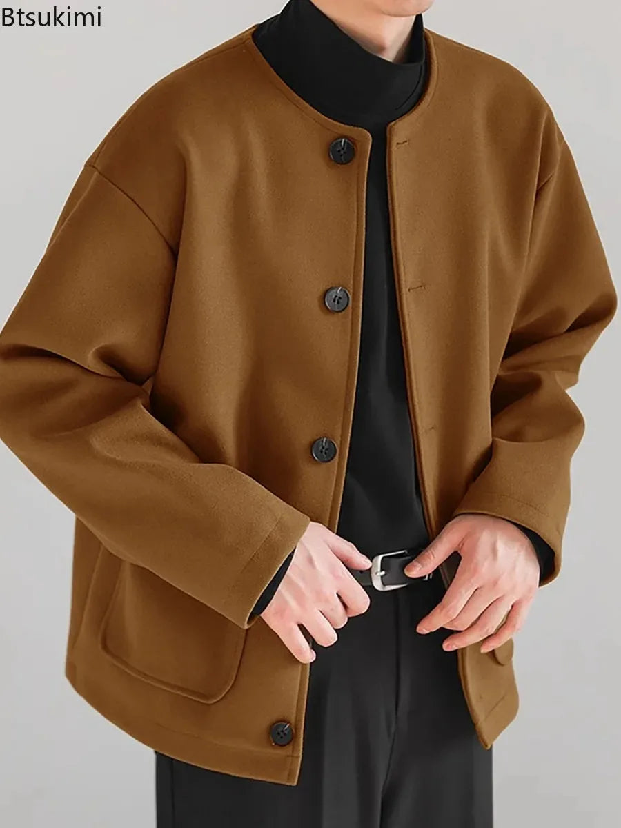 Korean Style Popular Double Side Jackets for Men Light Luxury Solid Fashion Button-up Neckless Woolen Coats Men Leisure Jackets