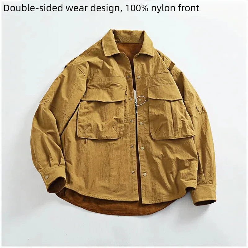 Reversible A+B fabric outdoor functional cargo jacket men's loose pocket lapel retro American casual jacket