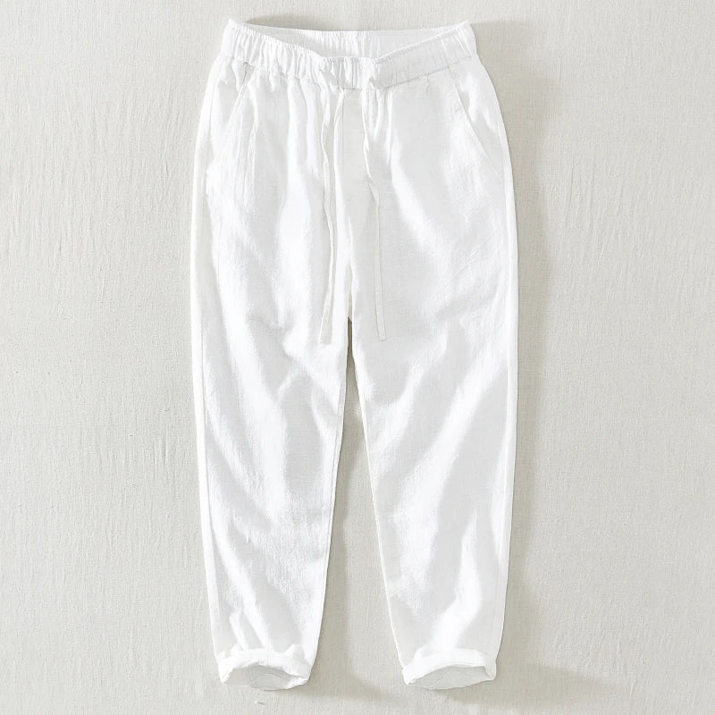 Summer Thin Cotton Linen Straight Leg Casual Pants Men's Loose Fit Drawstring Elastic Waist Nine Point Pants Breathable Youth...