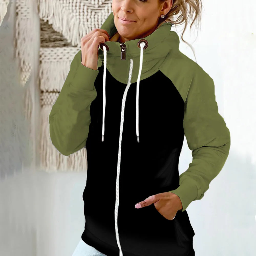 2025 Autumn Winter Women's High-neck Sweatshirt Casual Pocket Pile Collar Fleece Zipper Cardigan Color-blocking Velvet Coat