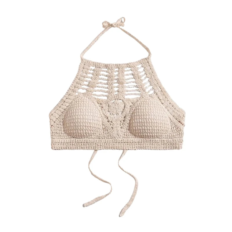 Bohemian Ethnic Style Sexy Knit Backless Short Crop Top For Women Lightweight Hollow Out Crochet Tassels Hem Halter Bras Bustier