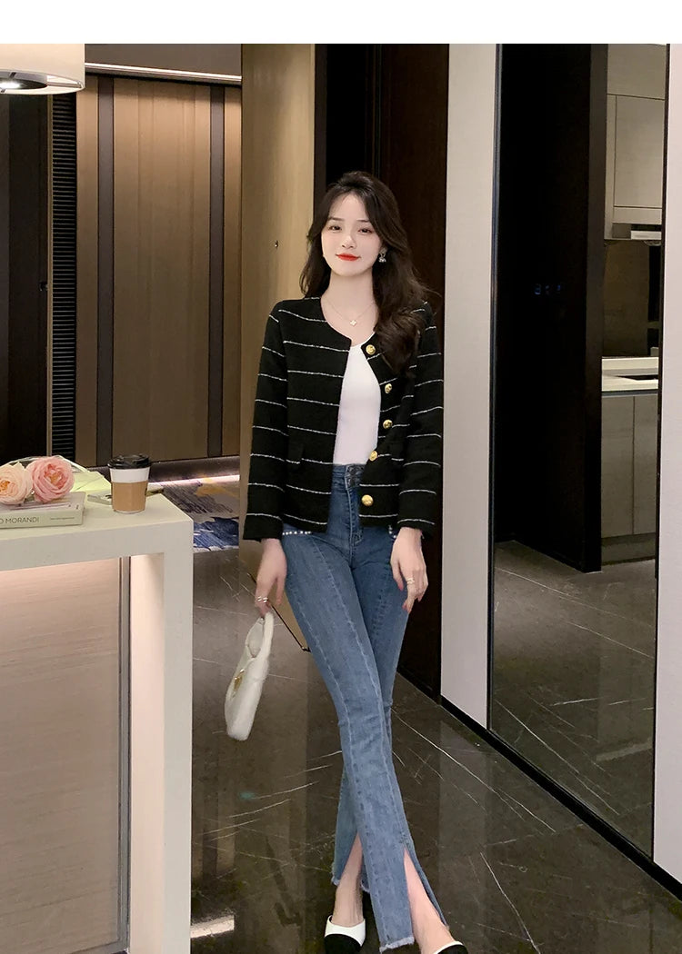 Korean Fashion Casual Small Fragrance Tweed Jacket Coat Women Fall Winter Fried Street Striped Coat Casaco Woolen Outwear Top