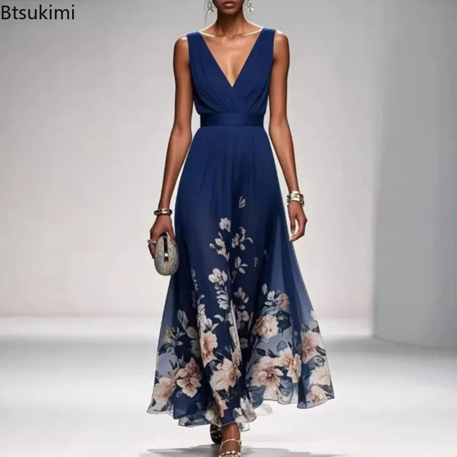New Fashion Party Dresses Summer Women's Sexy Deep V Neck Floral Print Ruffle Sleeveless High Waist A Line Beach Dress Vestidos