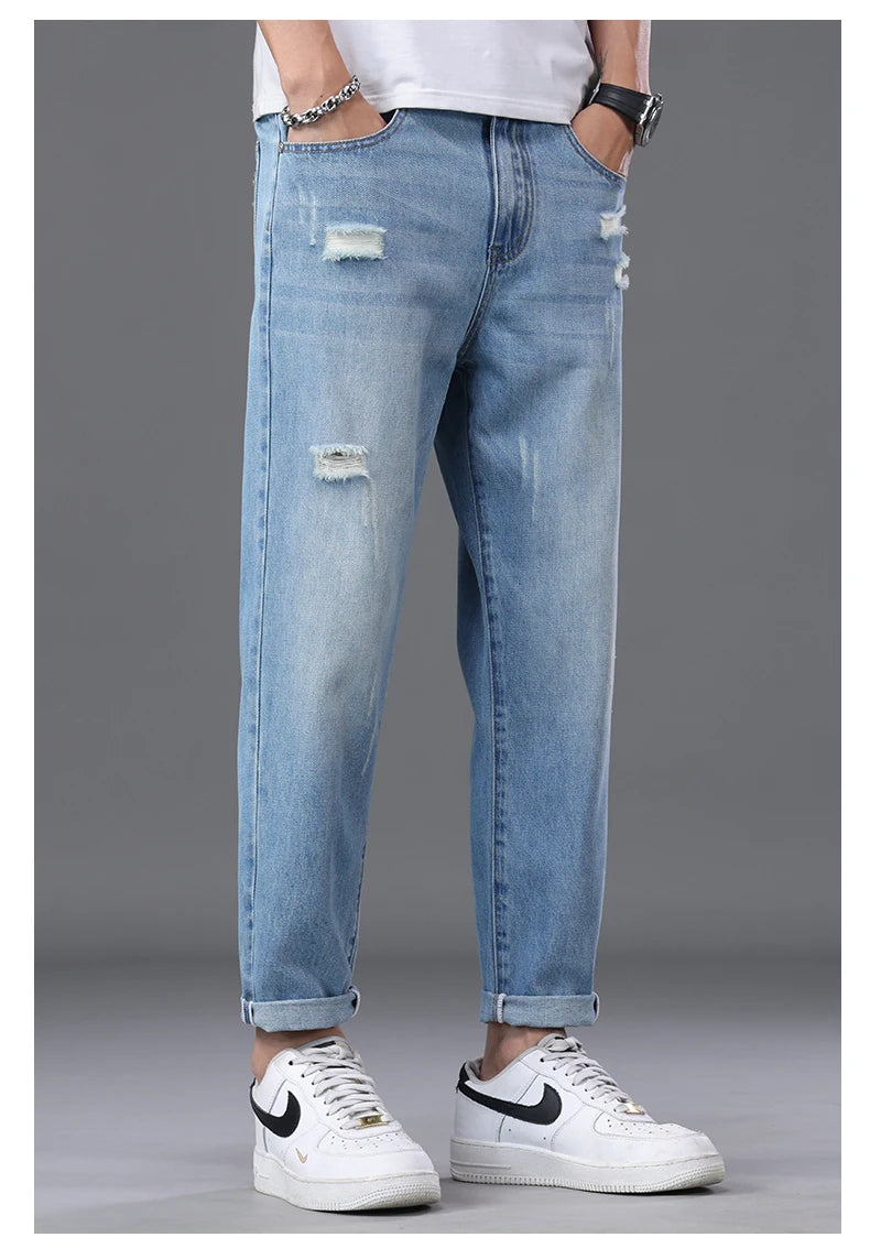 2026 Spring Summer Men's Ripped Jeans Cotton Trendy Straight Casual Denim Pants Trousers Outdoor Pastoral Outing