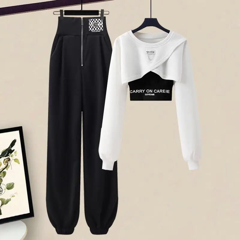 Korean Elegant Sportswear Suit Women's Spring Autumn Fashion Short Sweater+Suspenders+Pants Three Piece Female Tracksuit Set