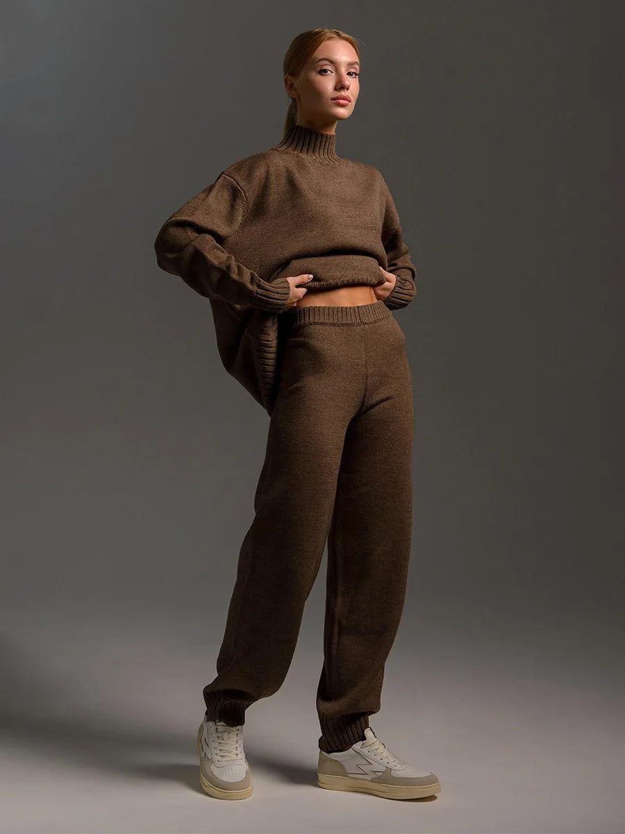 Blubelle Women's Autumn Winter Knit Pullover Sweater Pants Set Mock Neck Loose Fit Soft Cozy Trendy Elastic Waist Fashion Set