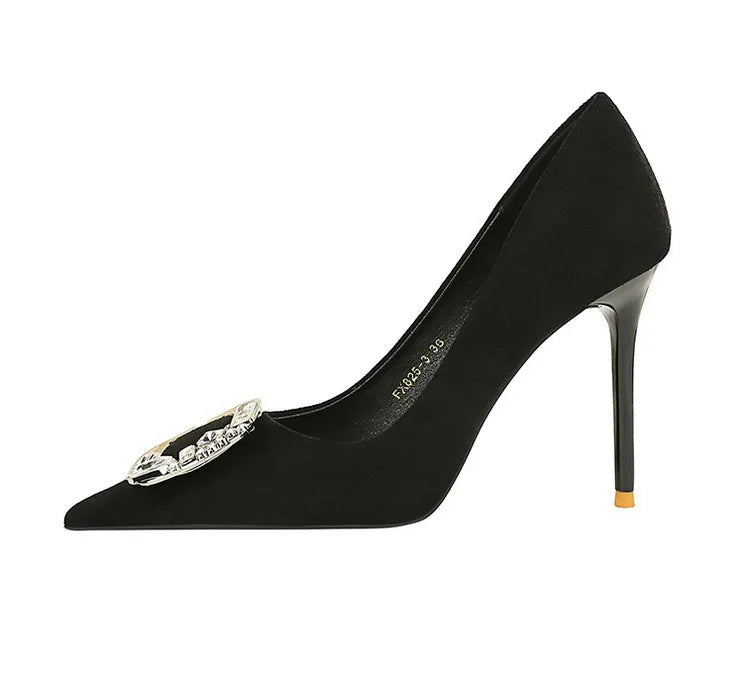 BIGTREE Shoes Metal Rhinestone Belt Buckle Women Pumps Suede High Heels Luxury Banquet Shoes Sexy Party Shoes Women Stilettos
