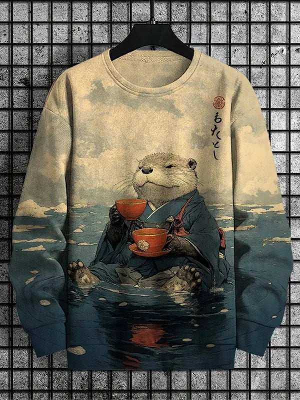 Japanese Fashion Men's Sweatshirt Funny Animal Graphic Ukiyo-e O-Neck Pullover Casual Pullover Tops Regular Fit Polyester Shirt