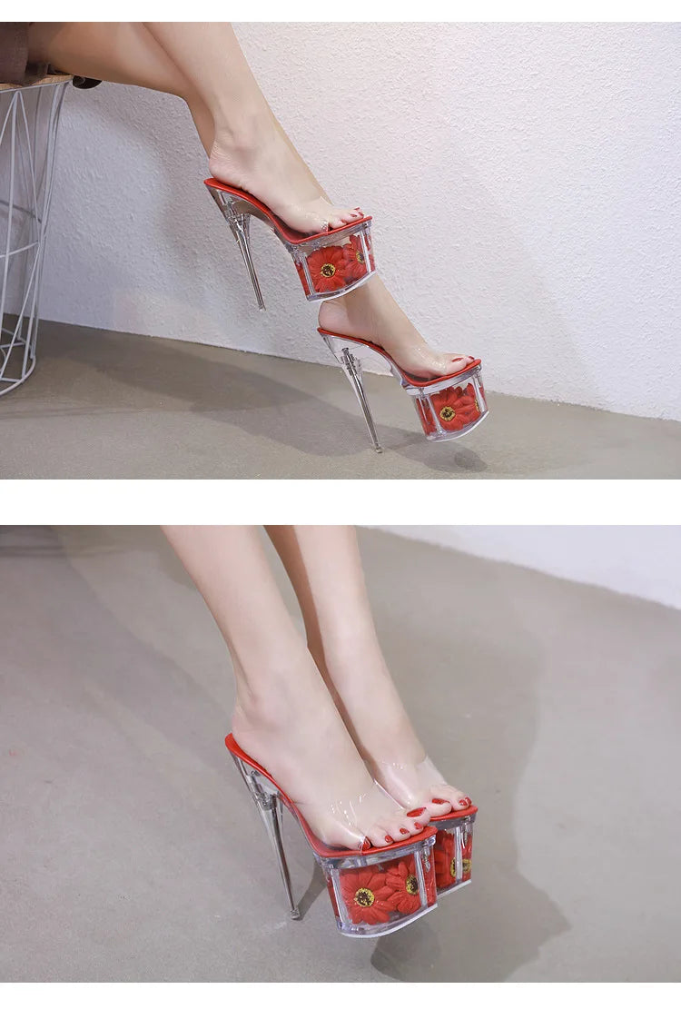 Crystal Transparent Shoes Women 17.5CM Super High Heels Plus Size Nightclub Sandals Clear Thin Heeled Fashion Female Slippers