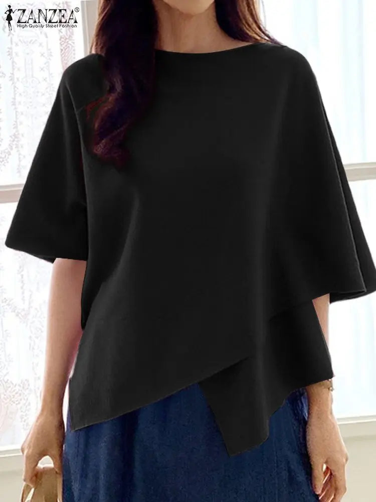 ZANZEA Women Fashion Blouse Chic 3/4 Sleeve Ruffle Hem Top Shirt 2025 Summer Round Neck Loose Blusa Elegant Irregular Work Tunic