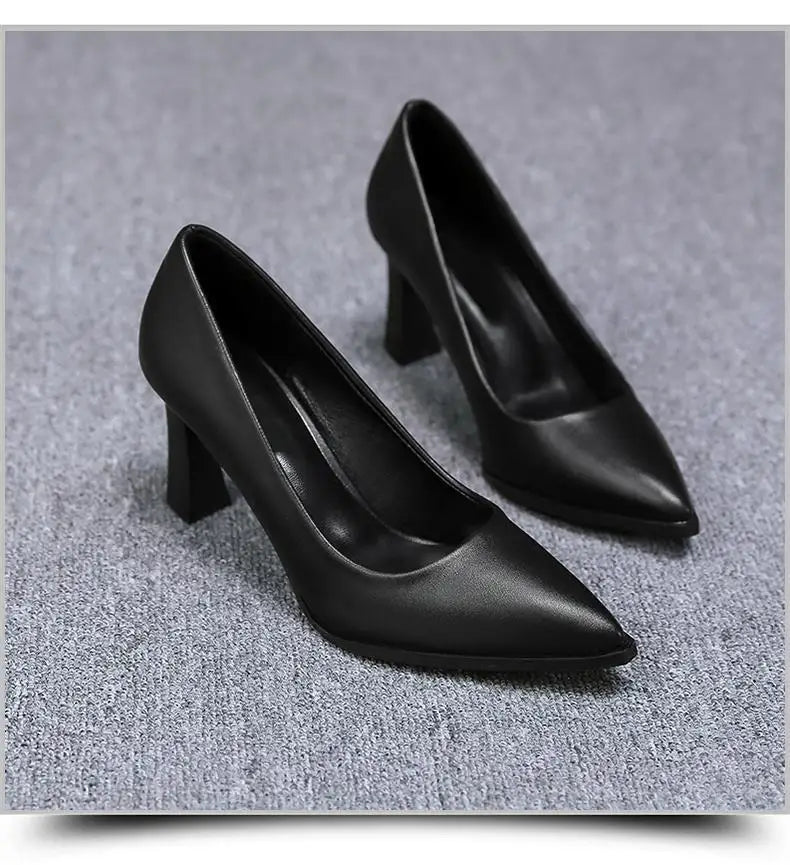 Black Women's Pumps 6-8cm Heel Soft PU Leather Non-slip Single Shoe Professional Interview High Heels Mid Heeled Work Shoes