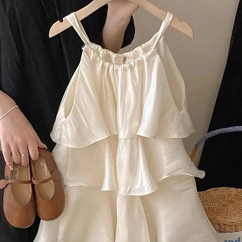 Summer New Style Baby Girls Sweet Dress Korean Fashion Children's Clothing Kids Girls Ruffled Edge Small Fresh Suspender Dress