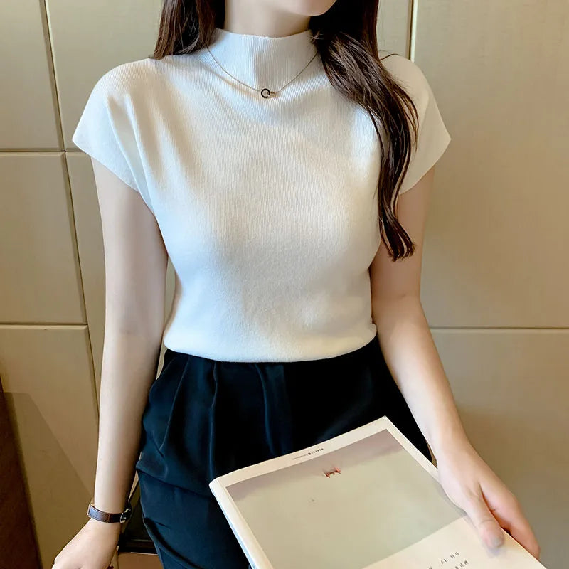 2026 Women Summer Knitted Turtleneck Sleeveless T-Shirts Tops Solid Slim Fit Pullovers Causal Tees Female Streetwear Basics Tees