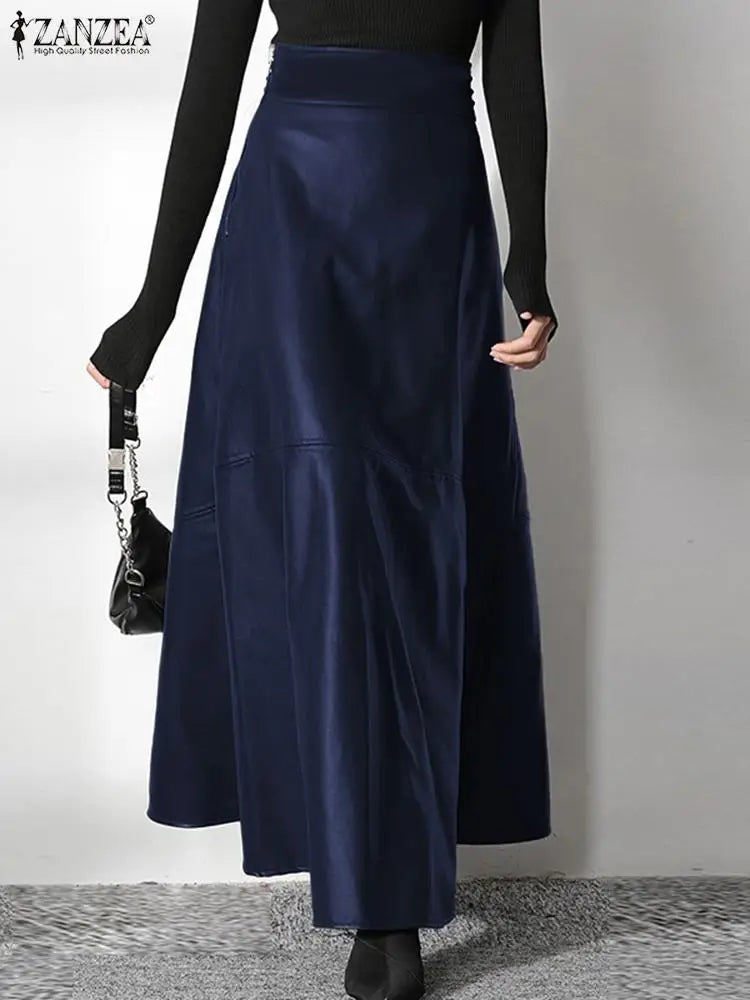 ZANZEA Women's PU Leather Maxi Skirt 2025 Autumn Elegant OL Long Saias Fashion Solid Mujer Faldas Casual High Waist Zipper Jupe