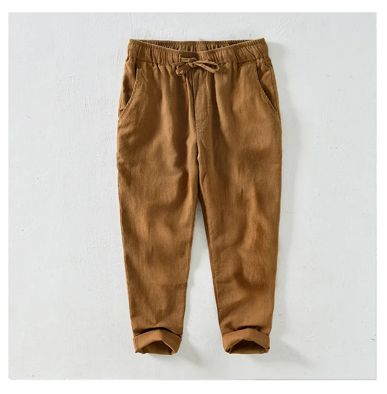 70% Linen,30% Cotton Men's Drawstring Elastic Waist Casual Pants, Straight Loose Ramie Trousers, Camping Fishing Comfortable