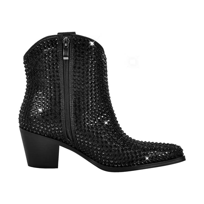 Onlymaker Pointed Toe Rhinestone Ankle Boots Glitter Bling Shiny Super Pretty Gorgeous Artificial Diamond Westen Cowgirl  Boots