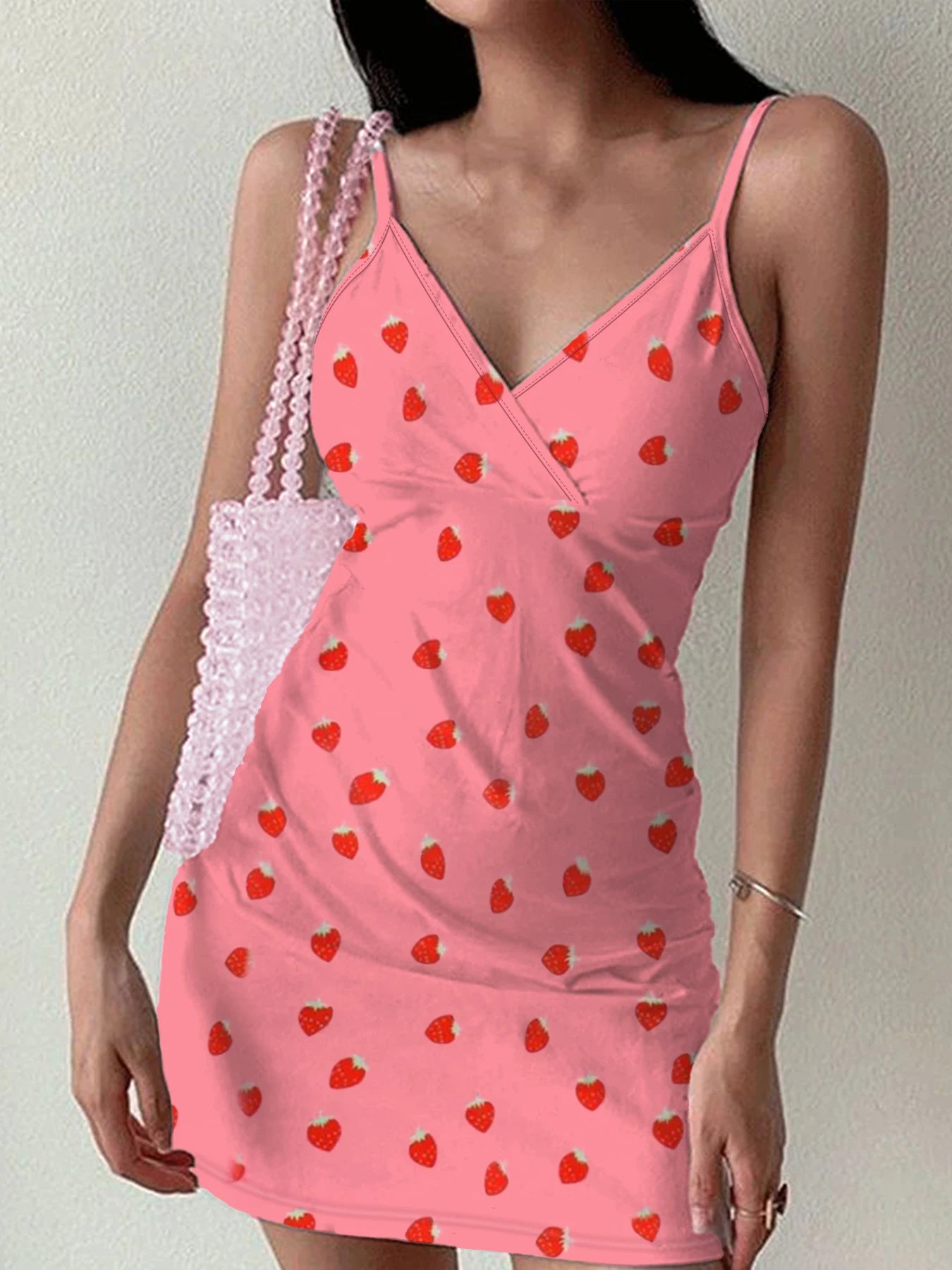 Strawberry print wrapped trim dress for women to create a stylish and elegant dress, suitable for casual or party wear, snug cut