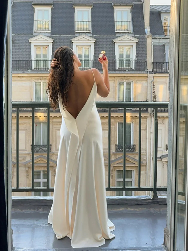 Women's Elegant Satin V Neck Long Dress Sleeveless Backless High Fork Robes Vacation Beach Maxi Vestidos 2026 New Lady Dresses