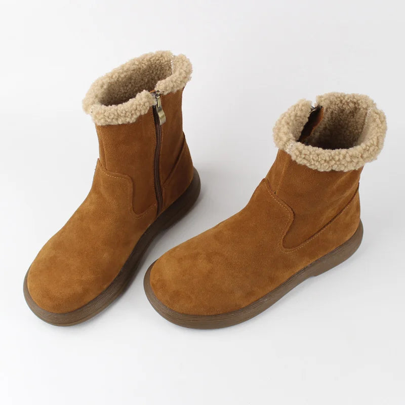 Careaymade-Genuine cow leather Snow cotton round head flats woolen short boots plush warm snow boots Oversized shoes size 35-43