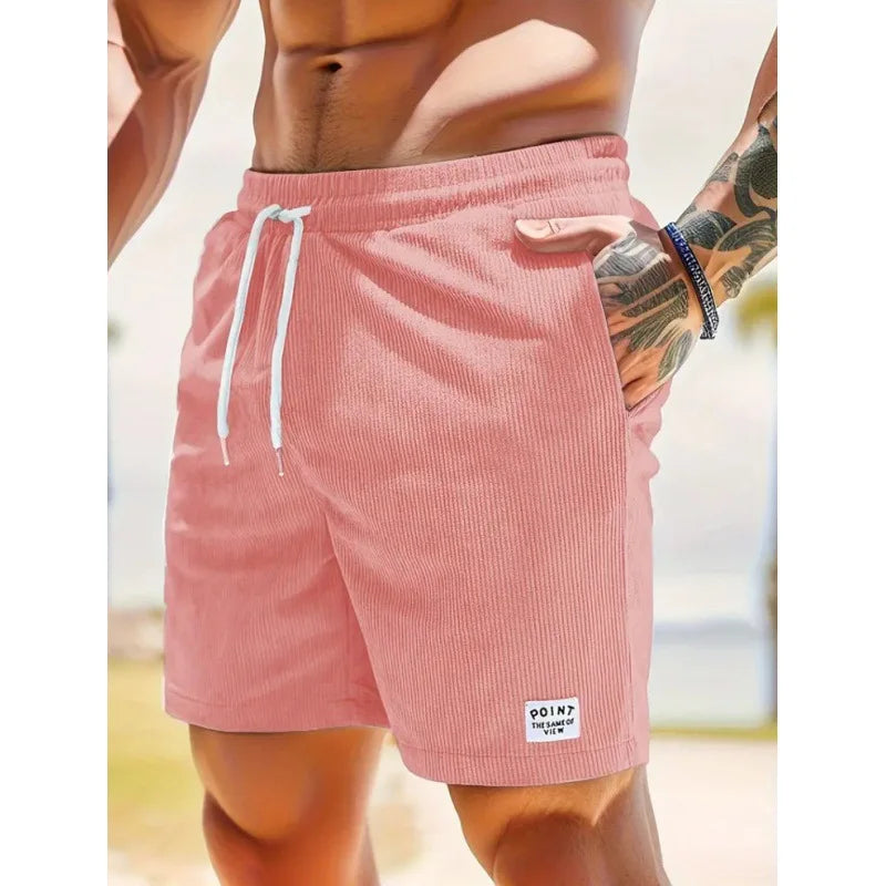 Men's Workwear Shorts Summer Casual Corduroy Loose Elastic Waist Multi-Pocket Leisure Pants Embroidery Retro Style Male Trousers