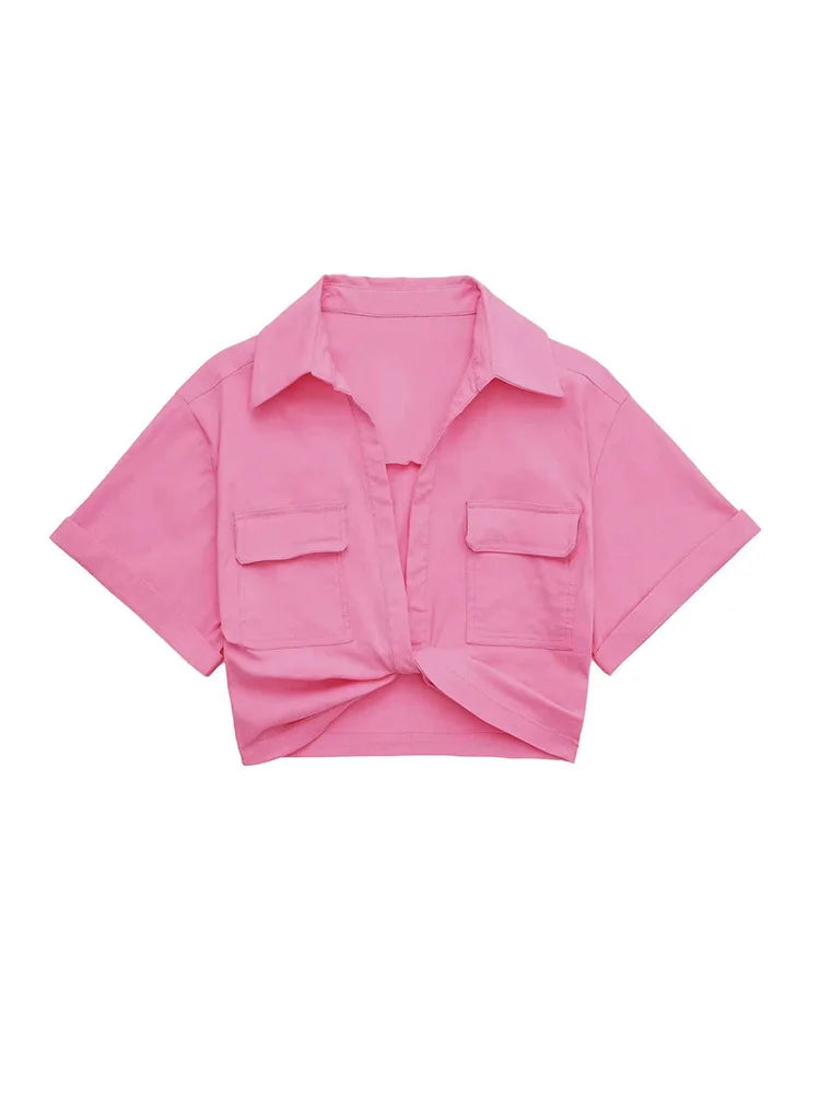 Women Fashion Front Knot Elastic Linen Cropped Shirts Vintage Short Sleeve Patch Pockets Female Blouses Blusa Chic Tops