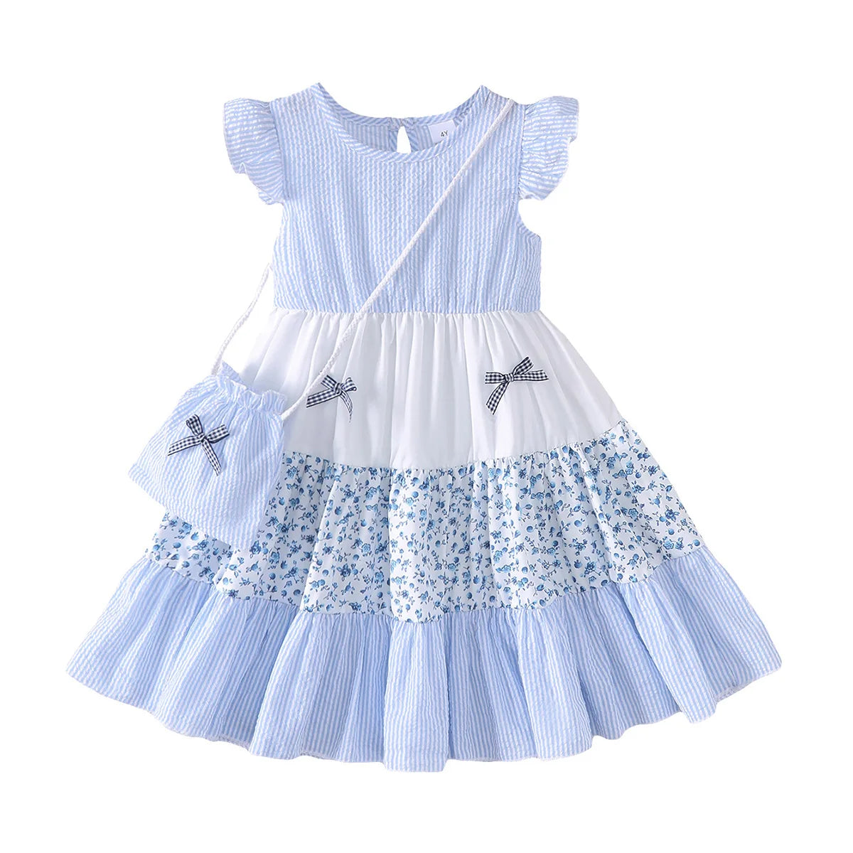 Fashion kids girl Summer Dress Set +Bag Blue White Floral Layered Ruffle Sleeveless Sundress for 2-7Y Casual Children Clothes