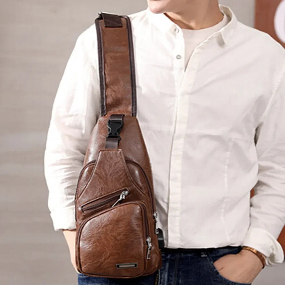 2024 Men's USB Chest Bag Designer Men Messenger Crossbody Package PU Leather Shoulder Bags Package Travel Chest Bag Bolso Hombre