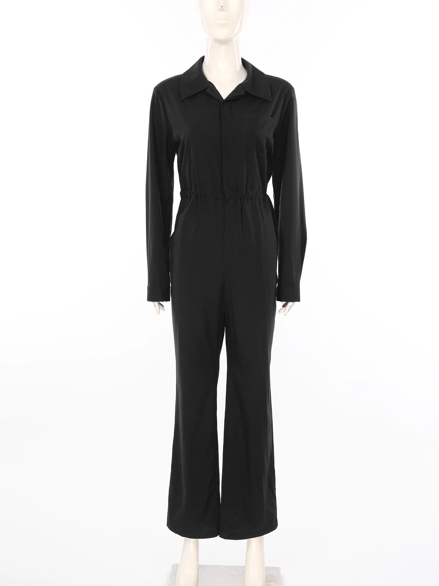 Womens Coverall Solid Color Turn-Down Collar Long Sleeve Button Jumpsuit Mechanic Work Overalls Fashion Casual Cargo Rompers