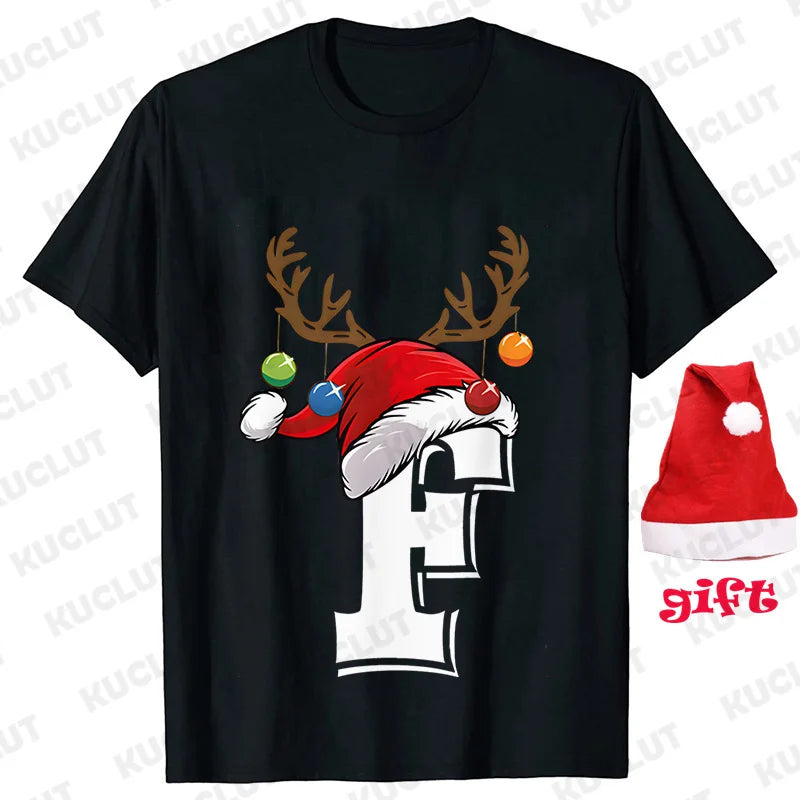 Funny Christmas Party Tshirt Fashion Women T Shirt Tops Short Sleeves T-shirt 26 A~Z Alphabet Casual Tees with Santa Hat Gift