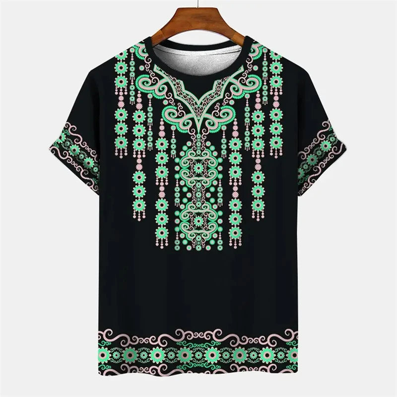 Summer Men's Vintage T-shirt African Tradition Stripe Printed T Shirts Casual O-Neck Short Sleeve Tees Street Fashion Loose Tops