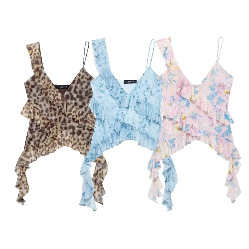 MUJER Print Ruffle Tulle Top Women Leopard Backless Tops Woman 2025 Summer Camisole Beach Top Female Sleeveless Tops for Women