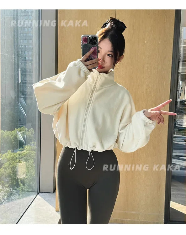 Women Loose Cropped Jacket Loose Zipper Sweatshirt Y2k Long Sleeve Coat Cardigan Sportswear Streetwear Drawstring Tops Clothing