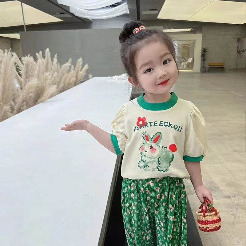 Baby Sets Girls Cute Suit Summer New Outfit Kids Short Sleeve   Cartoon T-Shirt Floral Pants 2-Piece Children Casual Clothing