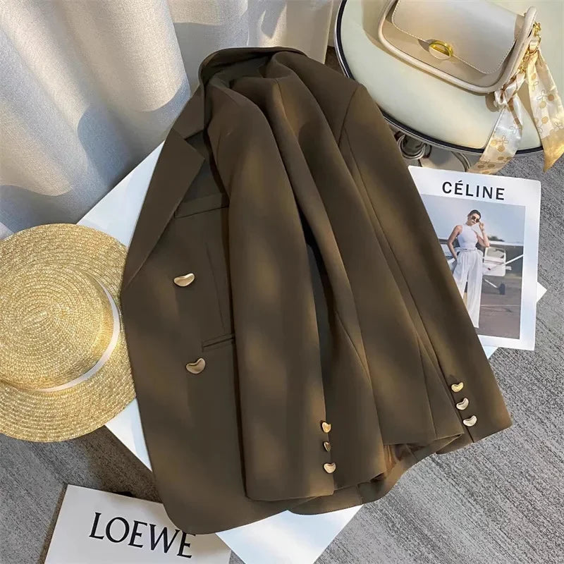 Vintage Double-breasted Blazers Jacket Women Elegant Temperament Metal Buttons Blazer Coat Ladies Long Sleeve Black Outerwear