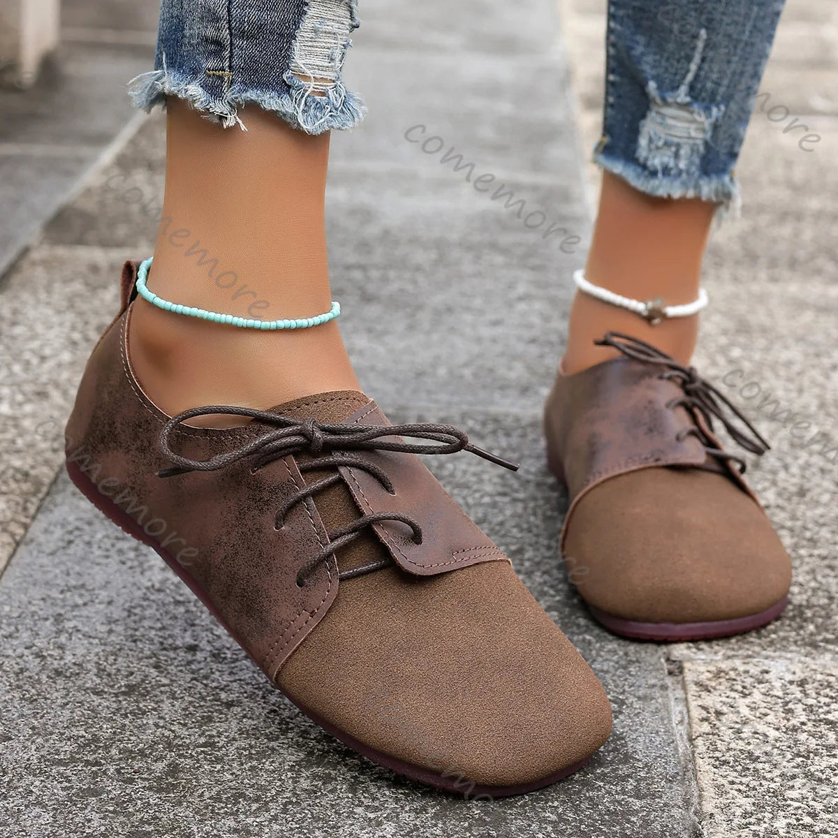 Comemore Spring Women's Flat Shoes Fashion Round Toe Lightweight Lace-up Soft Single Shoes Outdoor Casual Sneakers Mocasines
