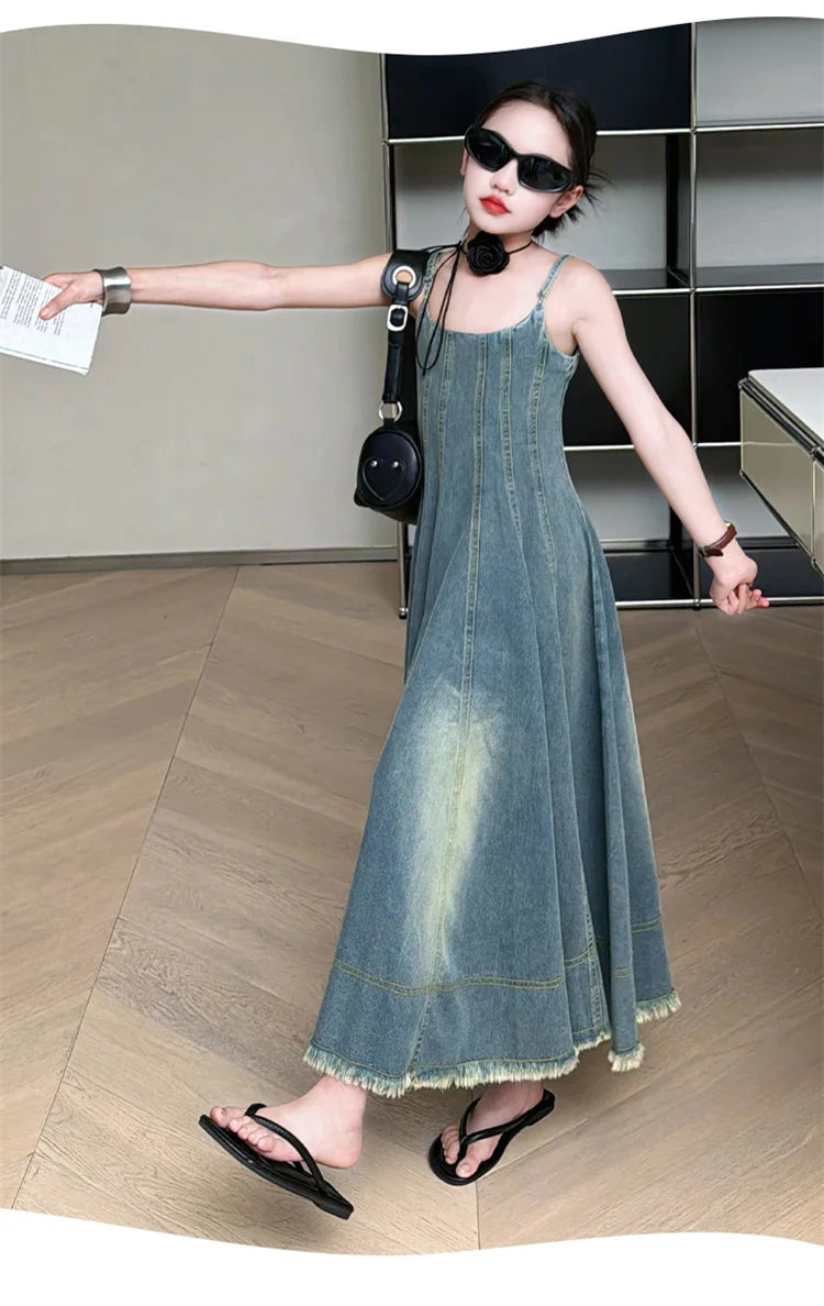 Kids Luxury Clothing Summer Denim Dress with Straps for Teenage Girls High Fashion Streetwear Outfit Children Casual Jeans Dress