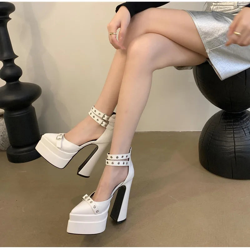 Runway style 15cm Ultra High heels Platform Wedges Women Pumps Fashion Rivet Ankle Strap Thick Heeled Spring Summer Chunky Shoes