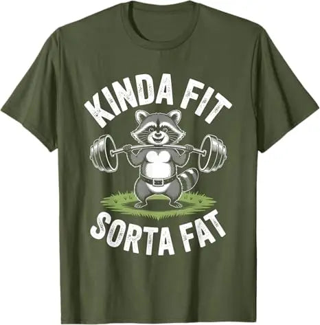 Kinda Fit Sorta Fat - Funny Gym Bear Weightlifting Workout T-Shirt Y2k Humor Raccoon Weightlifter Fitness Saying Tee Novelty Top
