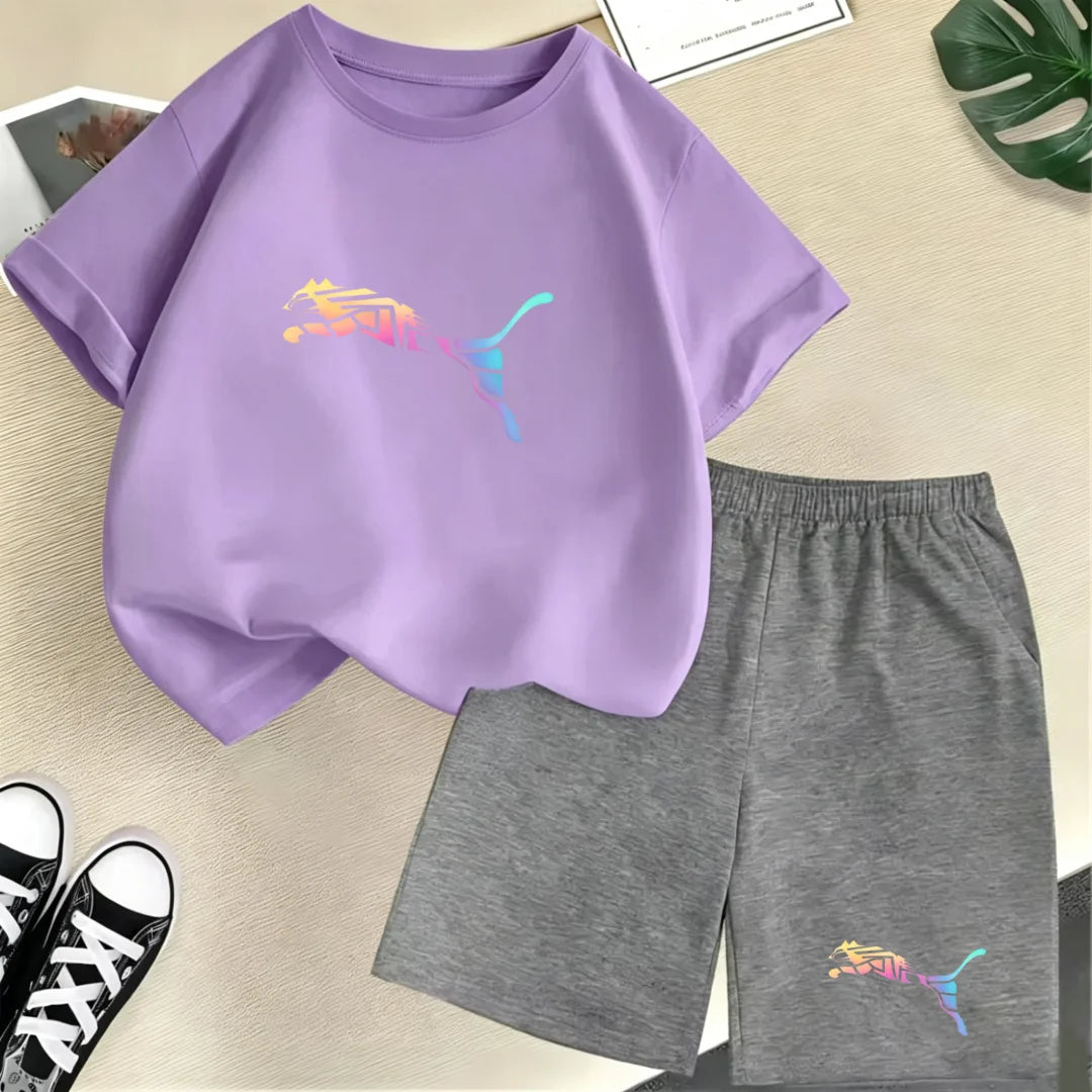 Kids Summer Casual Round Neck T-shirt Colorful Gradation Animals Boy Girl3-12Yrs Short-Sleeved+Shorts Fashion Sports Clothes Set