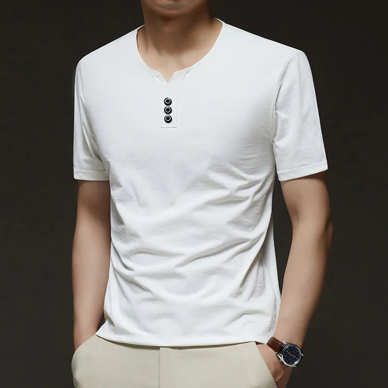 2025 New Men's Business Casual Three Button V-neck Short Sleeved T-shirt Korean Style Summer Comfortable Versatile Top